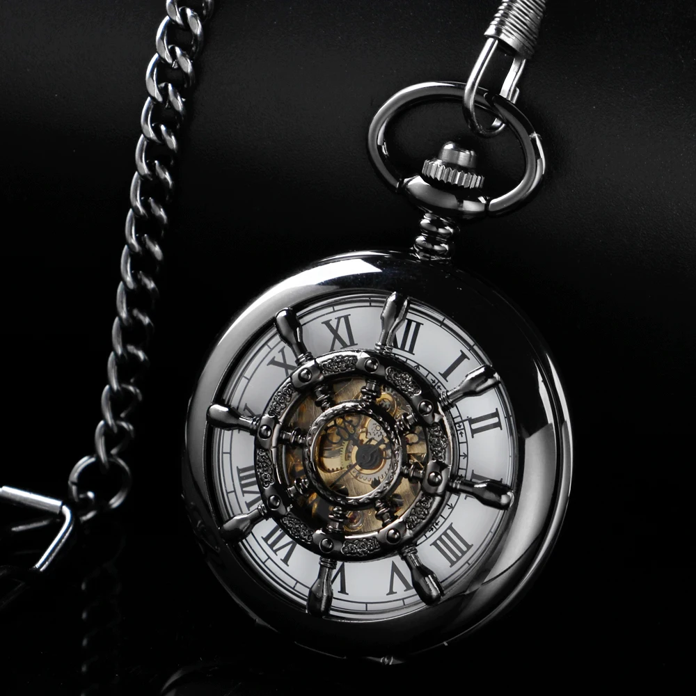 Vintage Black Rudder Hollowed-Out Mechanical Manual Pocket Watch Gold Roman Digital Skull Dial Pendant Automatic Antique Clock