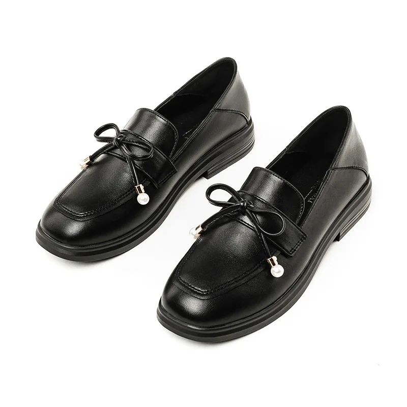 Winter Flats Oxfords Delicate Pearl Bowtie Loafers Women's Small Leather Shoes Ladies Office Dress Low Heels Mocasines 2022