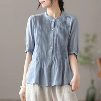 cotton and linen womens shirt 2022 summer half sleeve pleated casual loose top summer thin blouse elegant lady