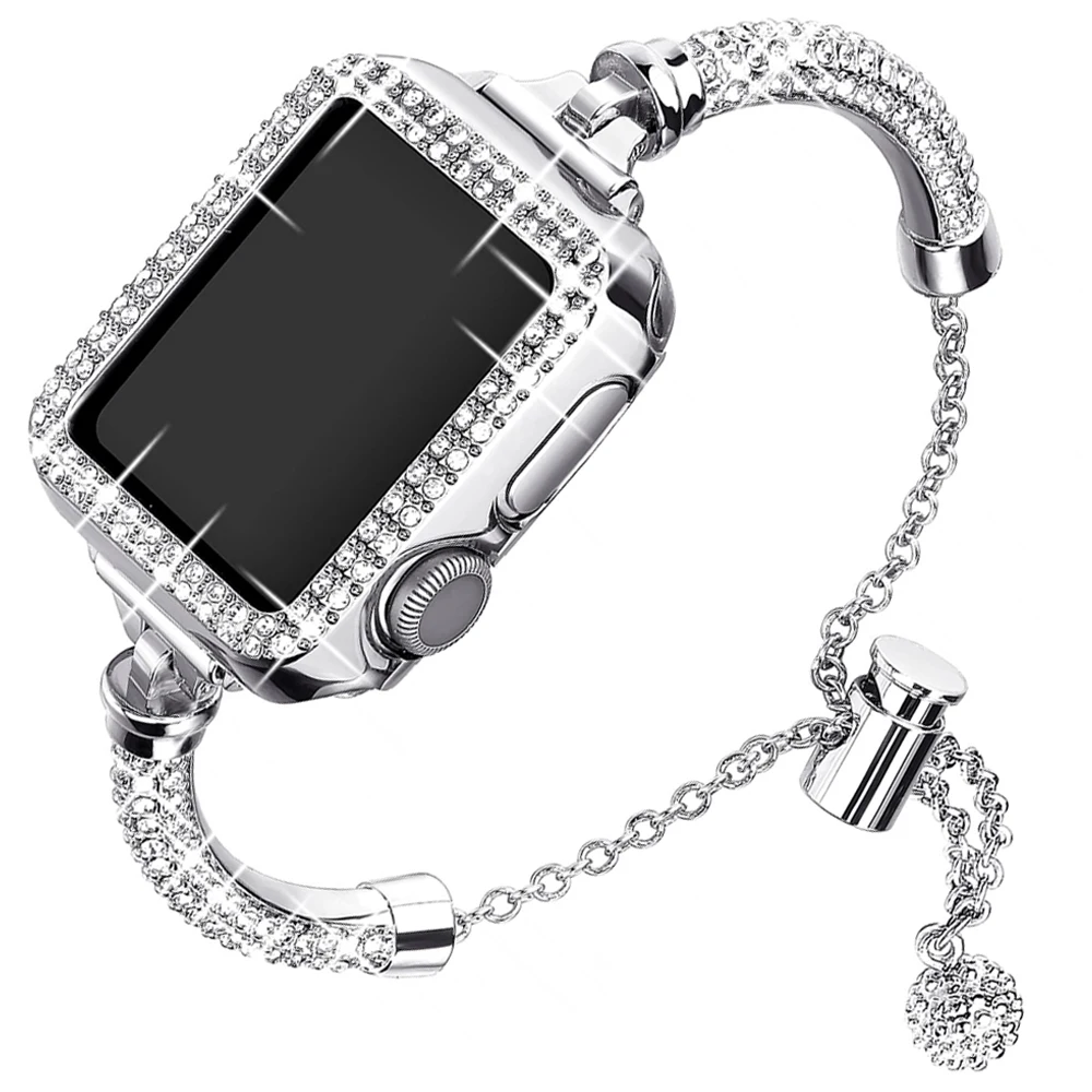 

Металлический ремешок для Apple Watch Band 45 мм 41 мм 40 мм 44 мм, Женский блестящий браслет, защитный чехол со стразами для iWatch Series 8 7 SE 6 5 3
