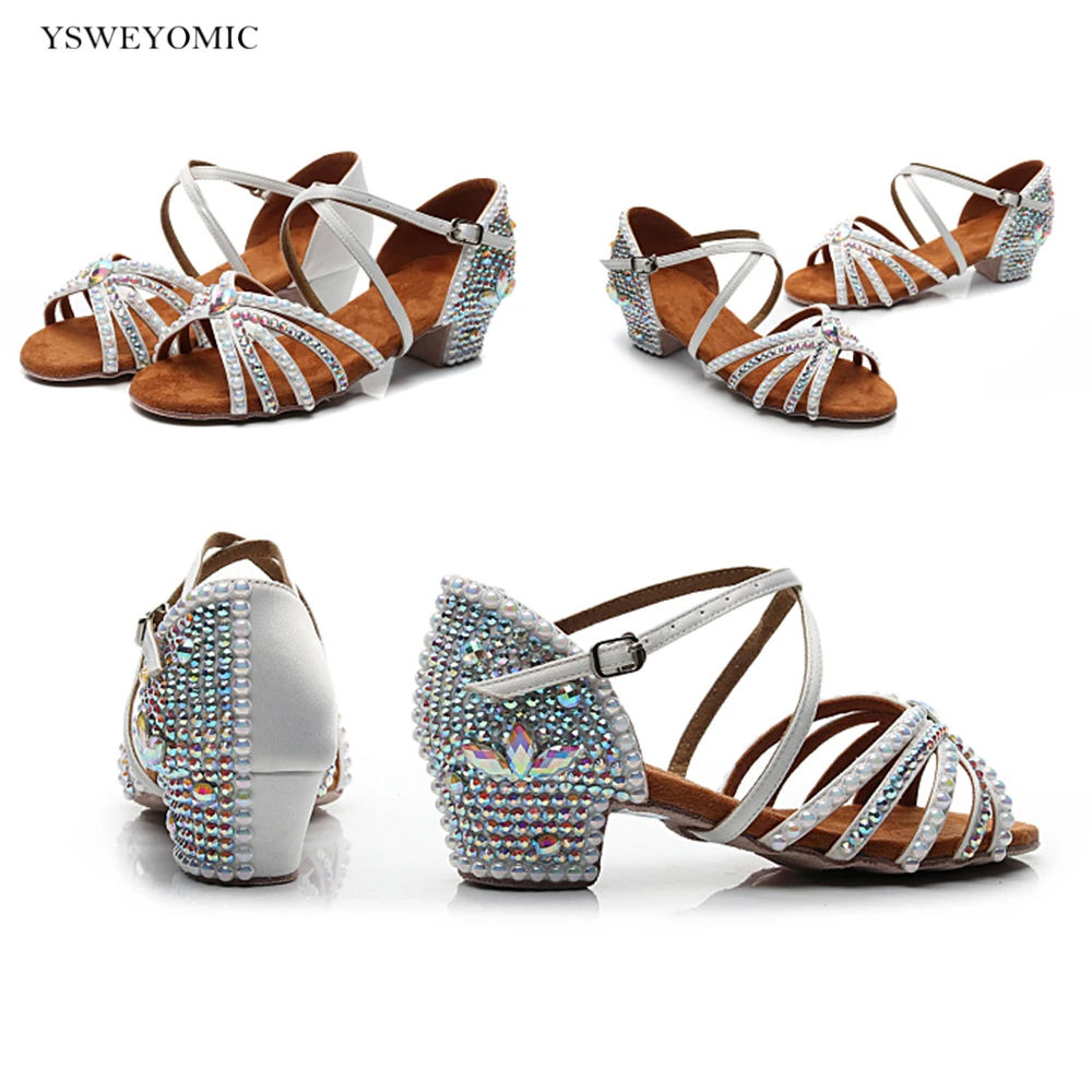 Child Latin Ballroom Dance Shoes 3.5cm Brown Black White Rhinestones Ballroom Salsa Latin Dance Shoes For Girls