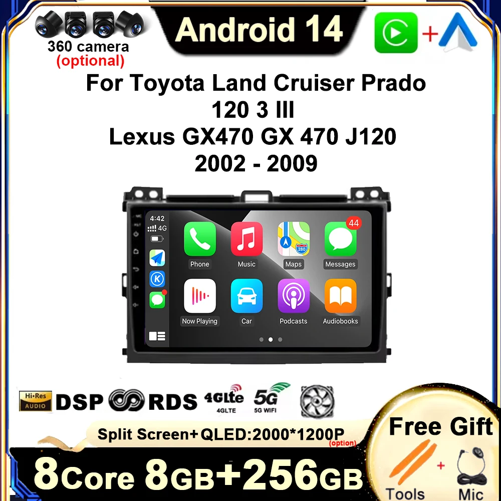 Для Toyota Land Cruiser Prado 120 3 III Lexus GX470 J120 2002 2009 Автомобильный радиоэкран 4G DSP стереокар