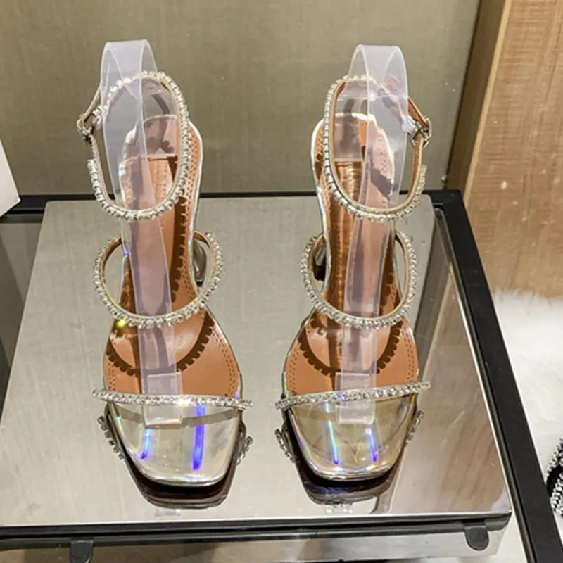 2023 European and American women's new high heels rhinestone chain decorative sandals