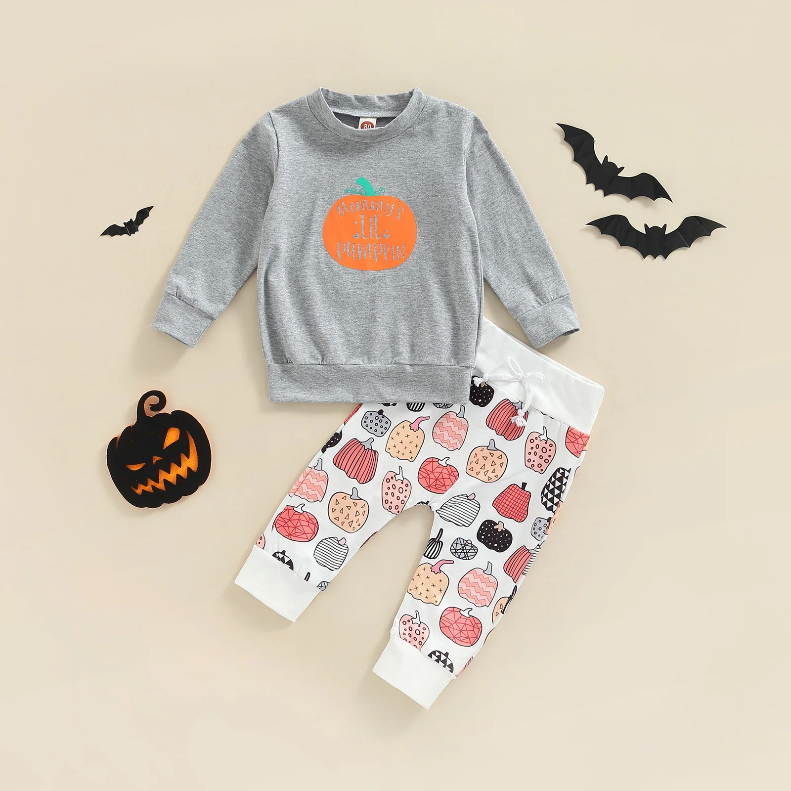 

TR New Autumn Halloween Toddlers Baby Girls Boys Outfits Letter Printed Long Sleeve Pullover + Elastic Pumpkins Print Trousers