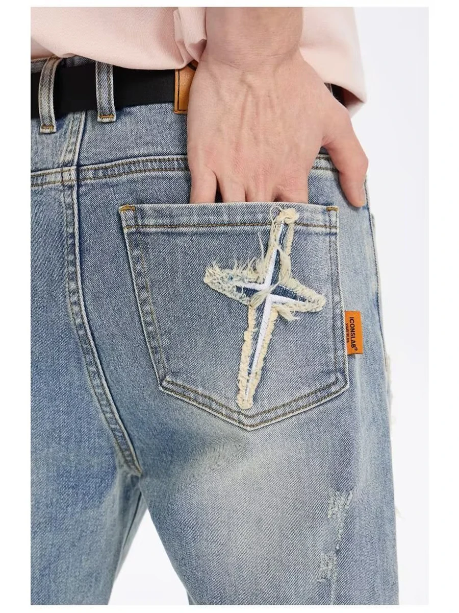 Streetwear Hip Hop Low Rise Baggy Jeans for Men Korean Y2k Fashion Trousers Cross Denim Pants Women Cargo Pants Punk Clothes