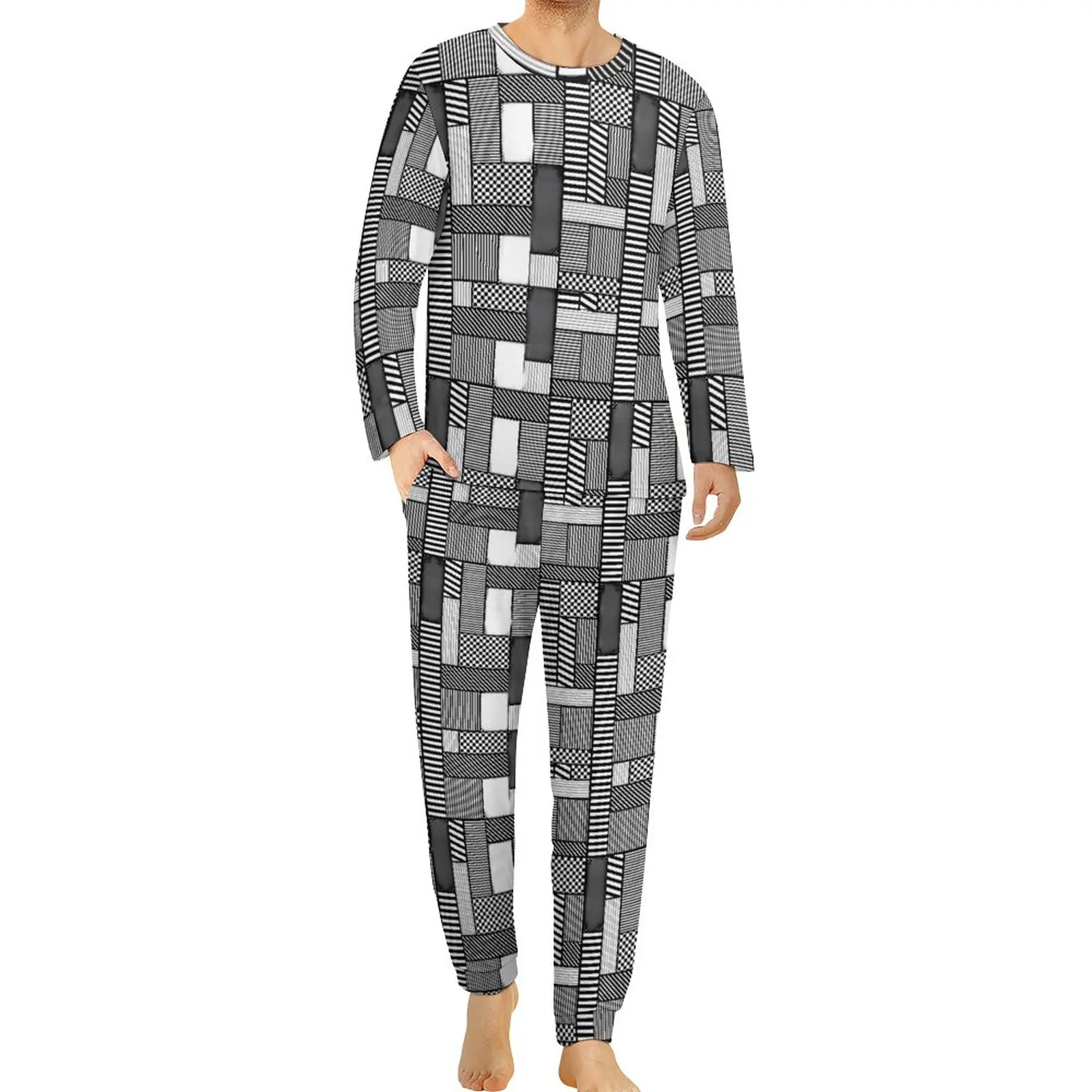 

Черно-белая Пижама с геометрическим принтом, Осенние романтические пижамные комплекты из 2 предметов в стиле пэчворк с геометрическим рисунком, мужской домашний костюм для отдыха с длинным рукавом на заказ