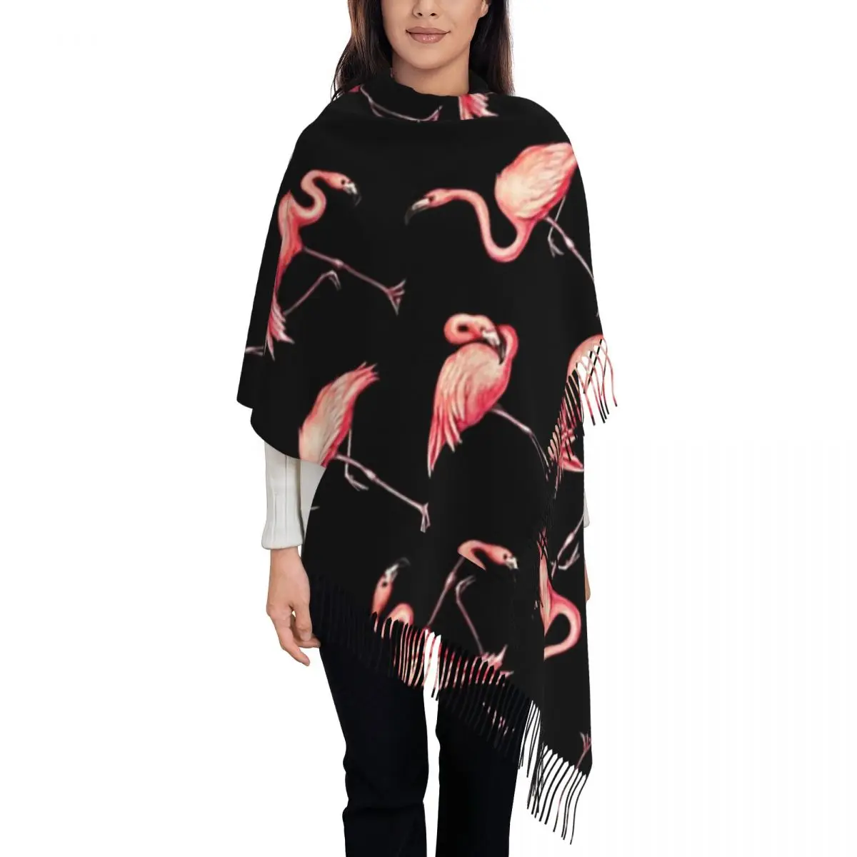 Шарф с узором фламинго шарфы кисточками для женщин мягкие теплые шали и накидки