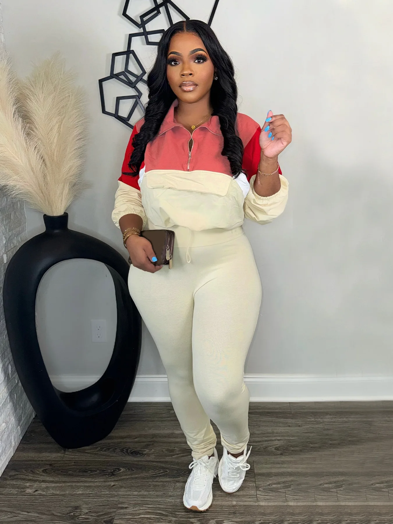 Женский спортивный костюм Осенний укороченный топ контрастных цветов свитшот и