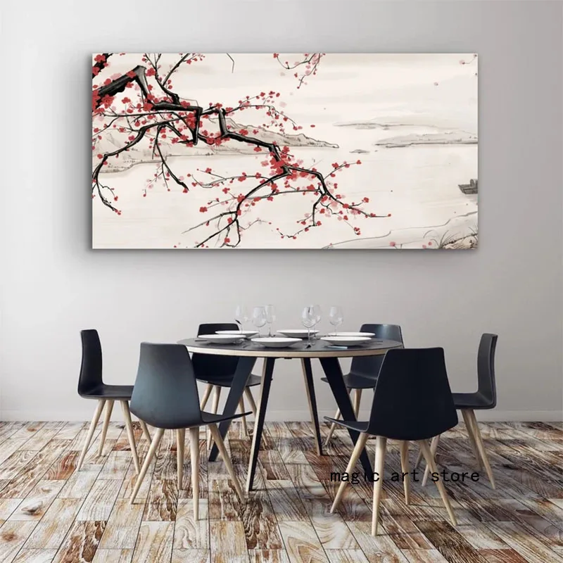 

Chinese Traditional Plum Flower Mountain River Landscape Print Art Canvas Poster For Living Room Decor Home Wall Picture