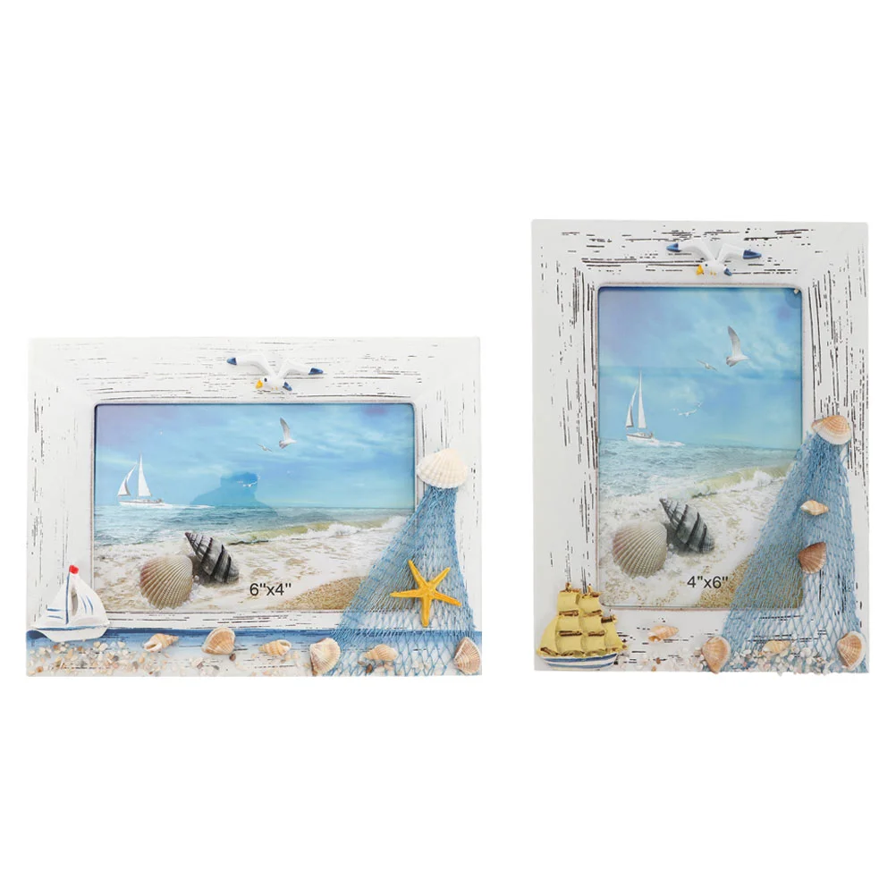

2 Pcs Wooden Photo Frame Picture Nautical Holder Ornament Table Top Decor Summer Seaside Stand