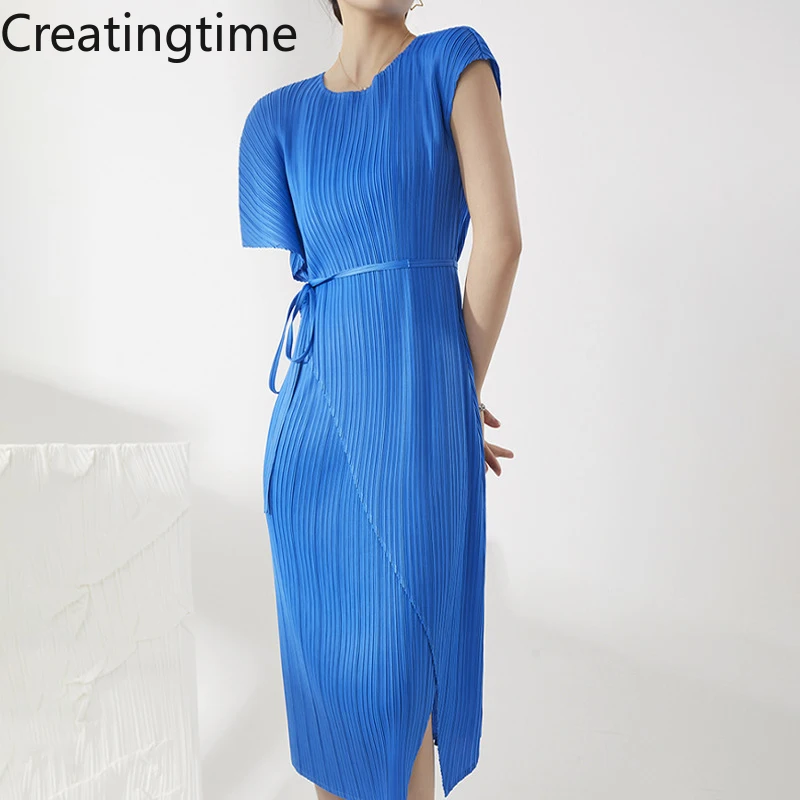 

Creatingtime Pleated 2022 Summer New Asymmetric Round Neck Short Sleeve Loose High Quality Mid Length Dress Fashion Women LH092