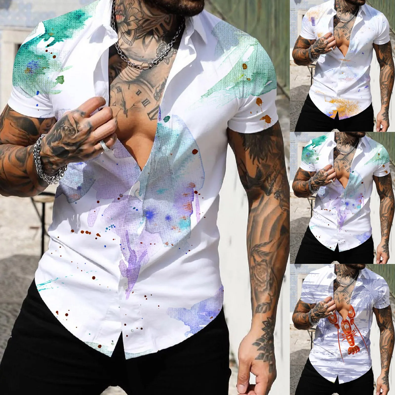 

Men Spring Summer Single Breasted Casual Lapel Full Print Beach Short Sleeve Vacation Outdoor Holiday Shirt Loose Top