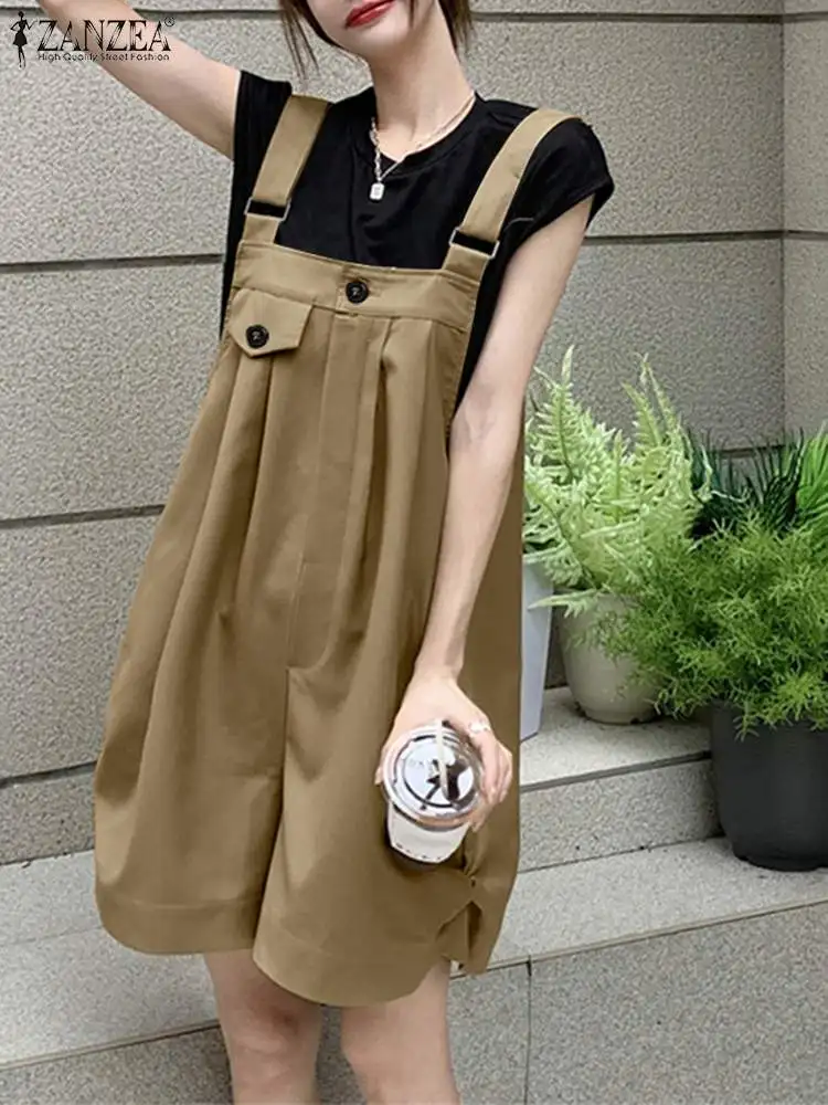 

ZANZEA Women Suspenders Rompers 2023 Summer Korean Fashion Pleated Wide Leg Shorts Overalls Casual Loose Streetwear Playsuits