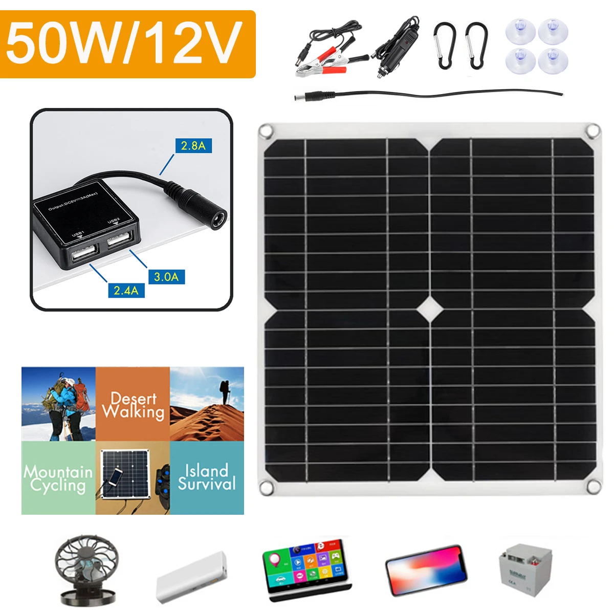 

50W Real Power Solar Panel System Kit 12V USB DC Solar Power Plat Kit for Camping Outdoor Portable Waterproof Solar Cell Charger