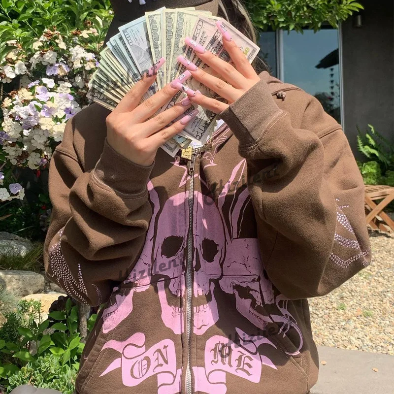 

2022 Gothic Skull Spider Rhinestone Y2k Zip Up Hoodies Women Brown Sweatshirts Coats Zipper Hoodie Autumn Winter Streetwear Tops