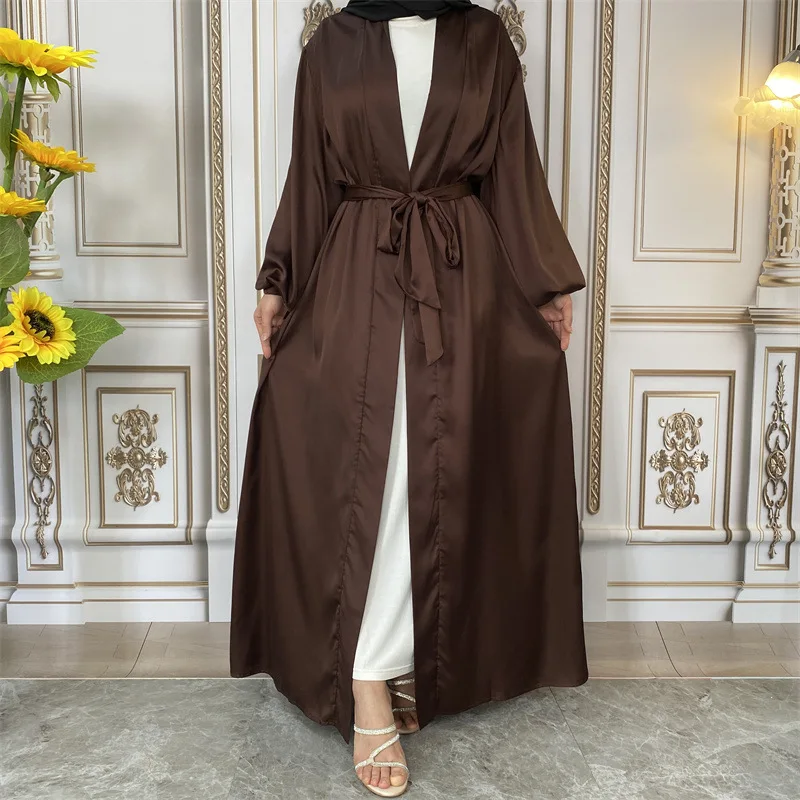 Muslim Fashion Dress Thin Satin Tie Lantern Cuff Cardigan Abaya Dubai Arabic Dress Islamic Clothing for Women Jalabiya Kaftan