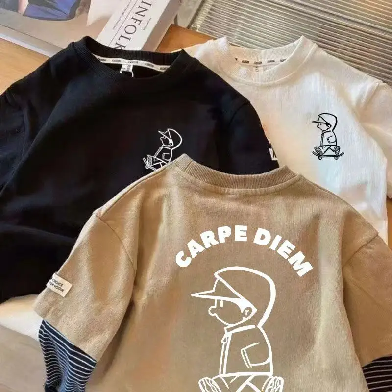 Хлопковая футболка с длинными рукавами для мальчиков на весну и осень стильная