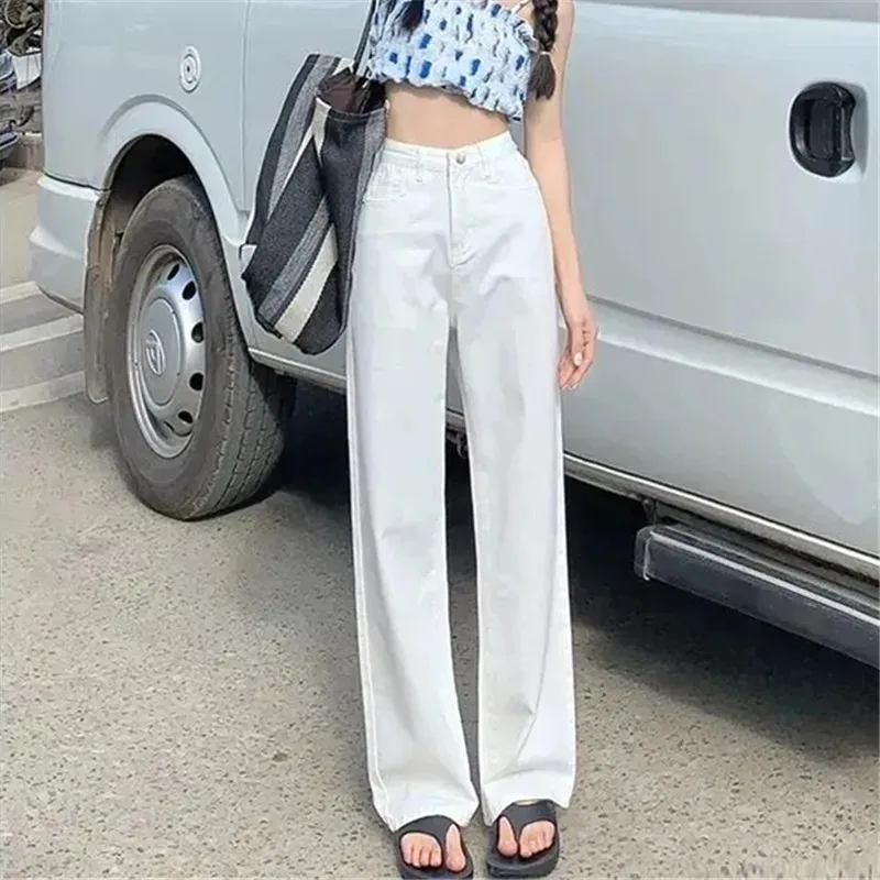 Jeans Women's Solid Color Straight Leg Pants Spring Autumn New High Waist Button Pocket Loose Trousers Casual Female Clothing647