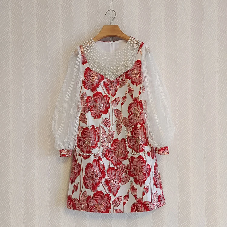 

Chiffon Lantern Sleeve Red Flower Print Women Dress Pearls Beading Lady A-Line Retro Dresses Clothes