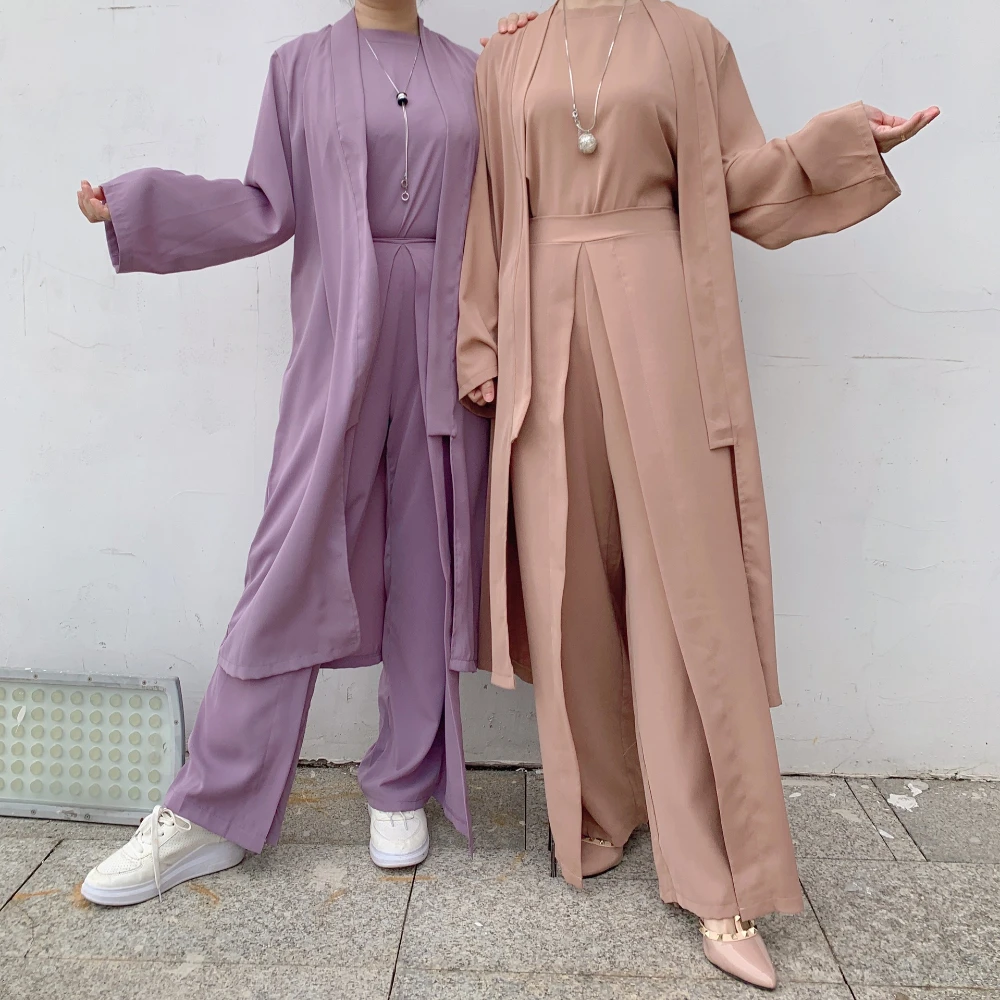 3 Piece Matching Set Women Tops and Pants Muslim Sets Dubai Abaya Kimono Arabic Modest Outfit Plain Open Abayas Islamic Clothing