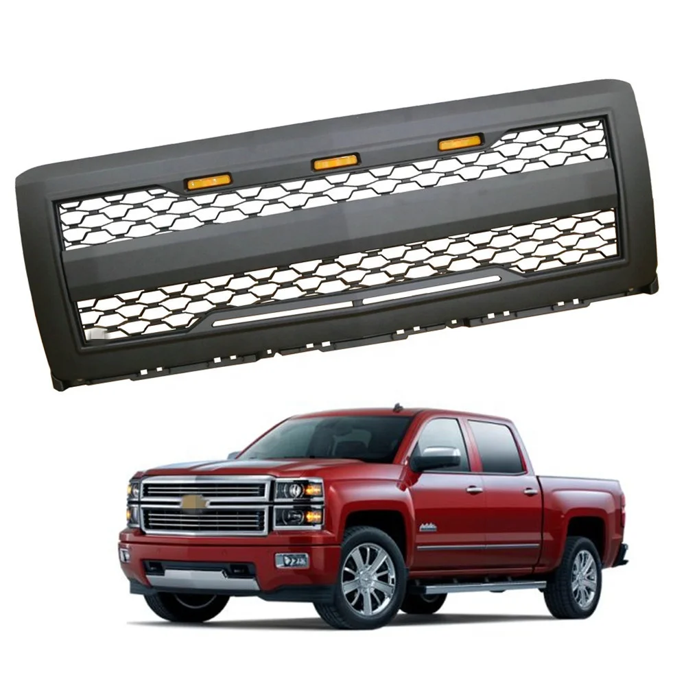 

KSCPRO Matte Black ABS Mesh Front Grille Custom Grill Fit For CHEVY SILVERADO 1500 2014-2015 with 3 Amber LED Lights
