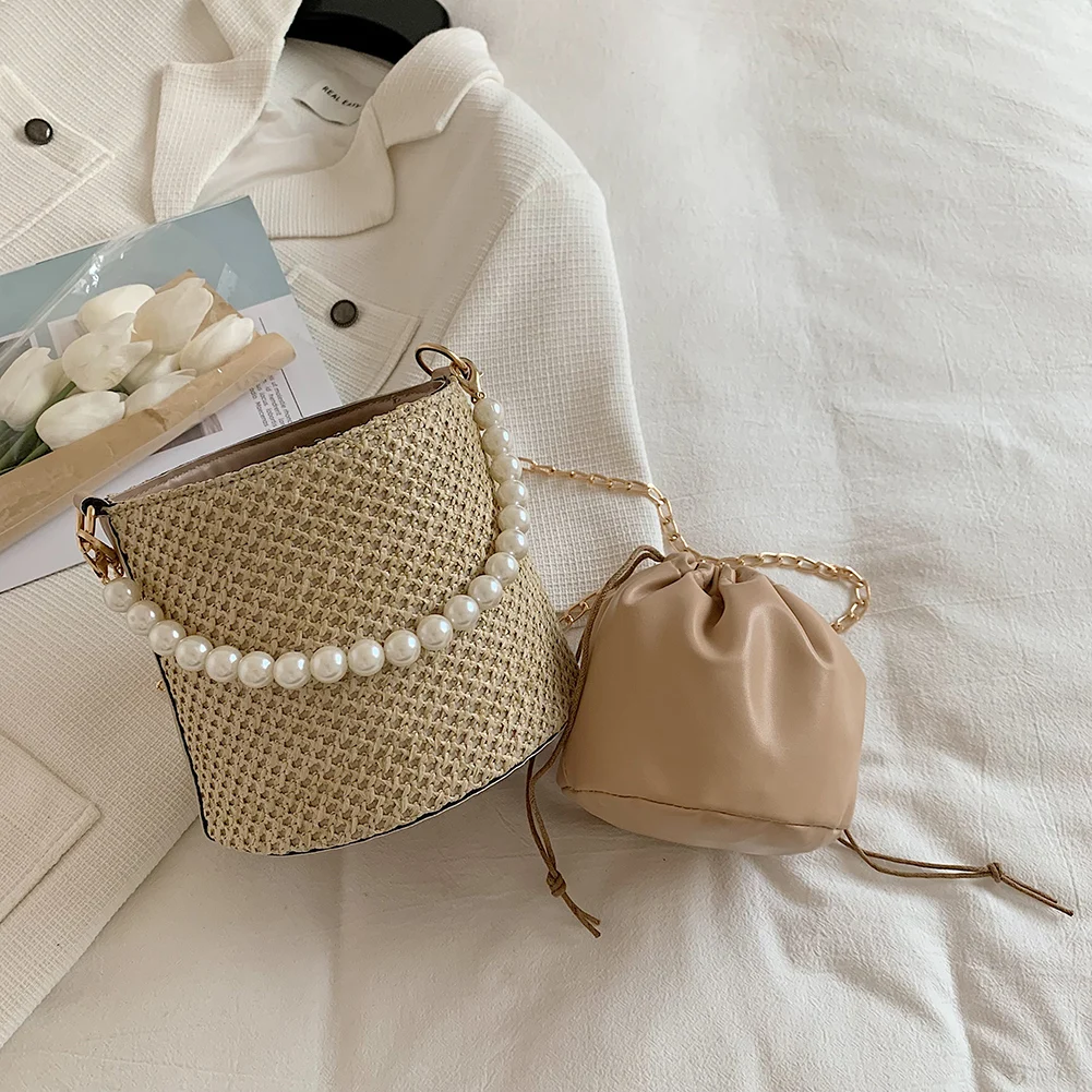 

Straw Bucket Shoulder Bags Women Pearl Handmade Woven Summer Beach Crossbody Bag Women Storage Handmade Tote