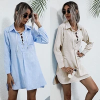 womens european and american blue with long sleeves lace up lapel pullover long striped shirt