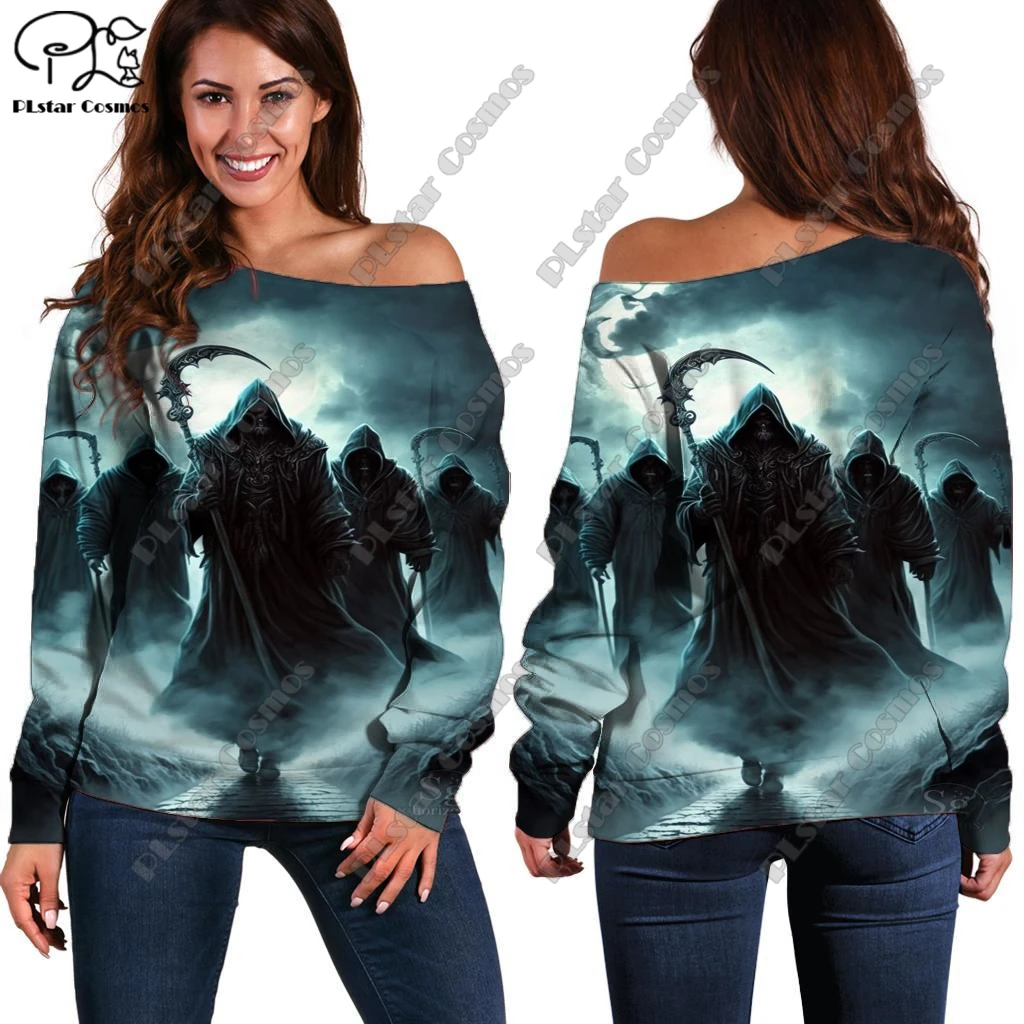 

PLstar Cosmos 3D Printed Moonlight Grim Reaper Raven Pattern Off-Shoulder T-Shirt Women's Casual Horror Theme Collection 1