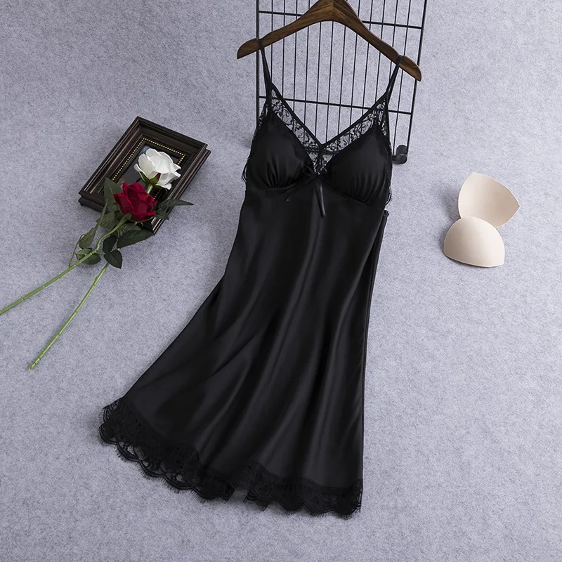

Пикантная кружевная ночная рубашка, черная женская одежда для сна, ночная сорочка на бретелях-спагетти, летняя атласная ночная рубашка, домашнее платье, одежда для отдыха