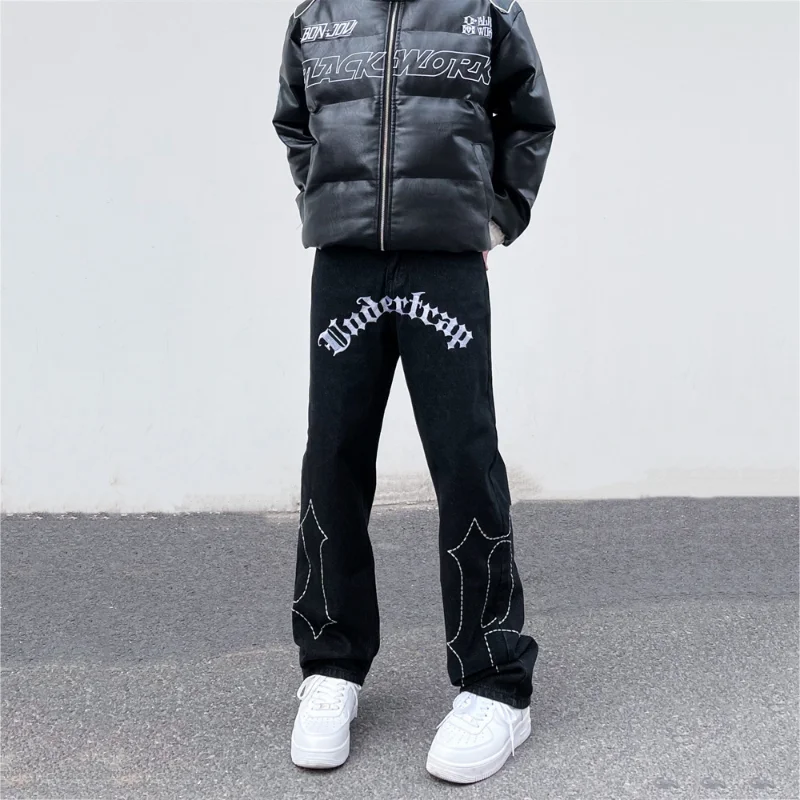 YIHANKE Washed Jeans Pants Men Hip Hop Embroidered Letters Special Sewing Straight Loose Oversized Casual Denim Trousers