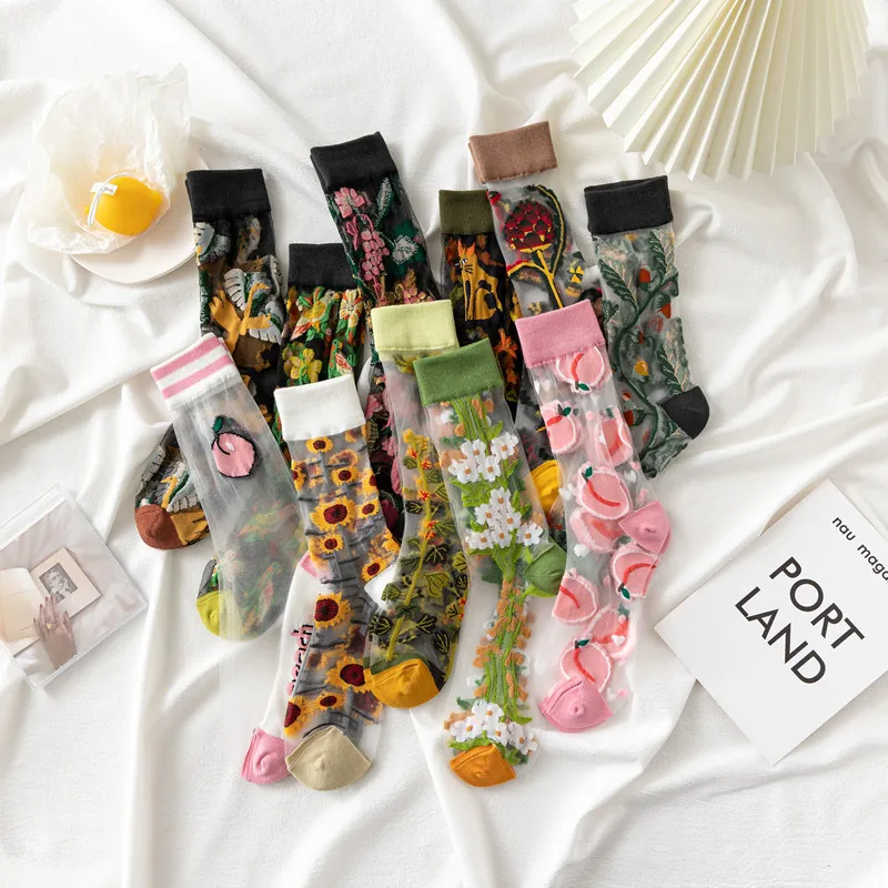

Glass Stockings Trendy Retro Sunflower Tube Socks Summer Thin Transparent Crystal Stockings