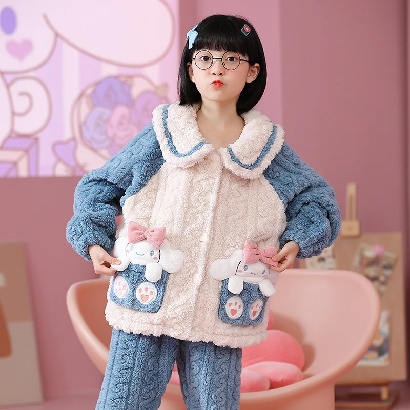 

Пижама Sanrios Cinnamoroll для девочек, осень и зима, фланелевая детская теплая бархатная Милая домашняя меховая одежда принцессы для девочек