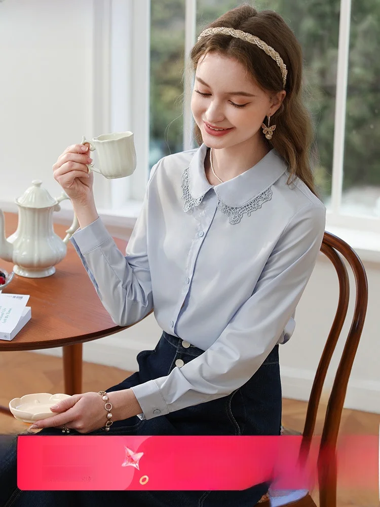 Синие французские рубашки с кружевным лоскутным кукольным воротником и длинными