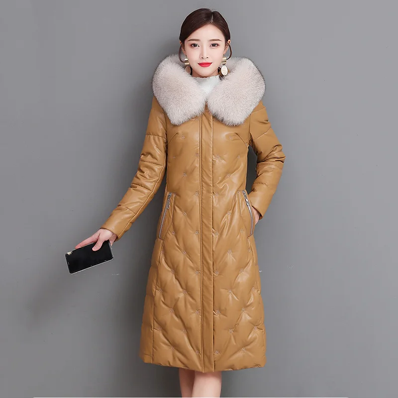 

M-5XL New Sheep Leather Down Jacket Women Autumn Winter 2022 Fashion Fox Fur Collar Hooded Embroidery Slim Sheepskin Down Coat