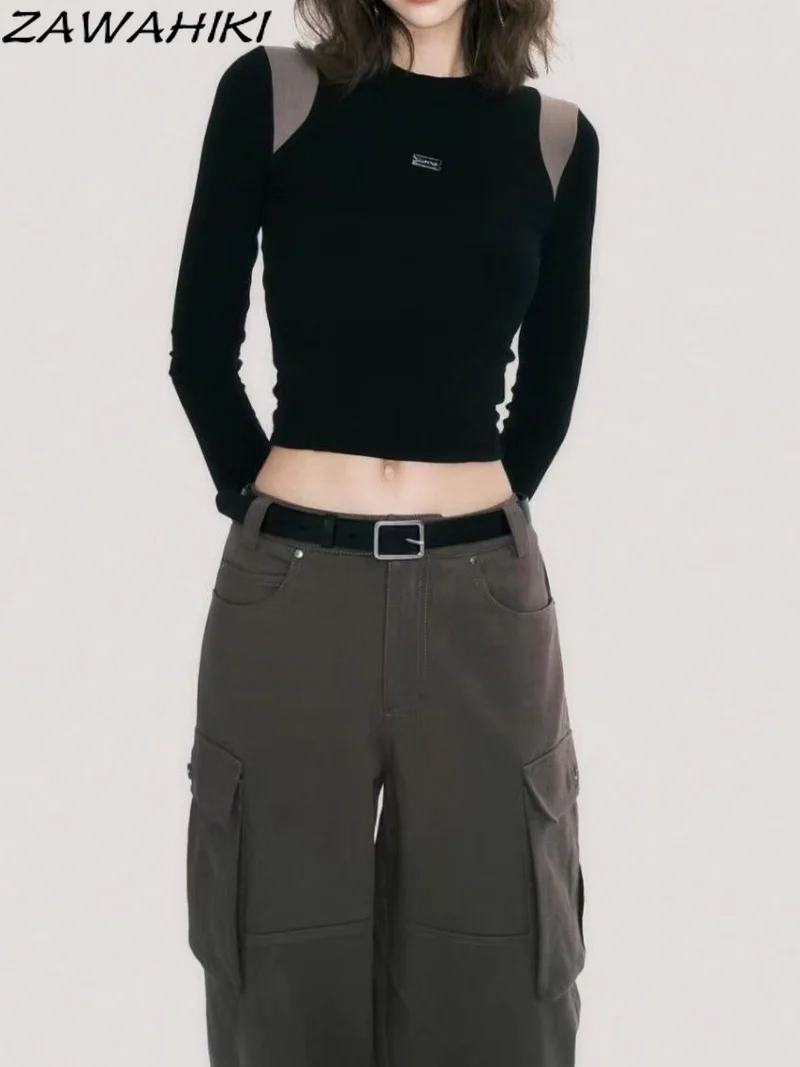 

American Retro Slim Shoulder Patchwork Long Sleeve T-shirl O-neck Collar Cropped Top Women Casual Streetwear Pullover Tops