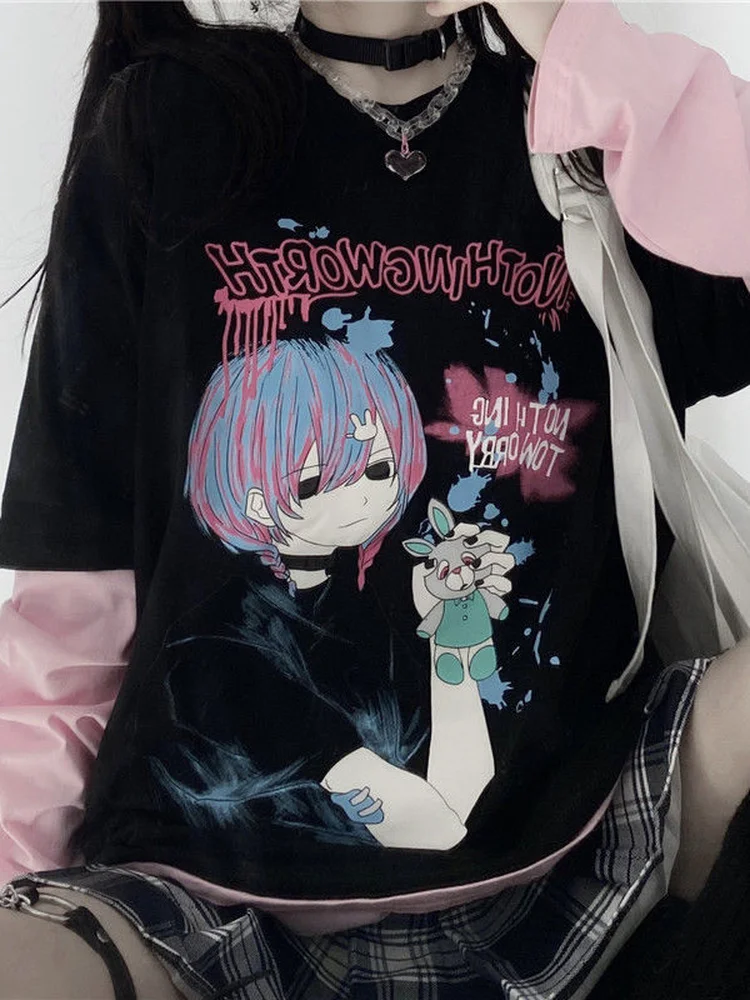 

Deeptown Women Long Sleeve Fake Two Piece T-shirt Kawaii Anime Print T Shirt Fashion Streetwear Harajuku Oversized Graphic Top
