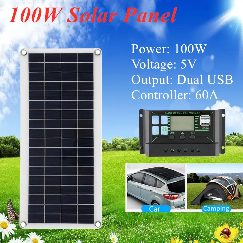 

100W Solar Panel Kit with 60A Controller USB Ports Charging for Outdoor Cycling Mountaineering Hiking Camping Traveling