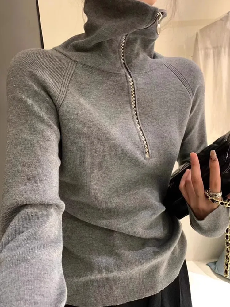 Half Zipper Turtleneck Lapel Knit Women Autumn and Winter High-Grade Soft Glutinous Sweater Inner wear Western Sle Slim fit...