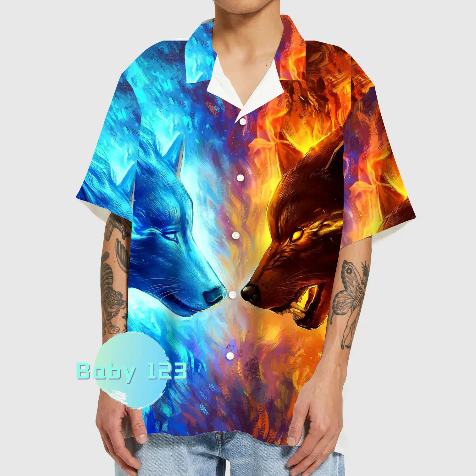 

Рубашка мужская с отложным воротником, модная сорочка на пуговицах, повседневный топ с коротким рукавом и принтом волка, кардиган для выпус...