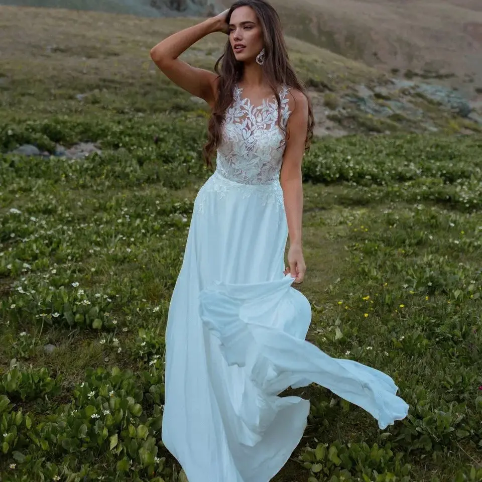 

Boho Lace Wedding Dress Bride Chiffon Sleeveless A Line Simple Vestidos De Novia Women robe marriage civil Maxi Gown