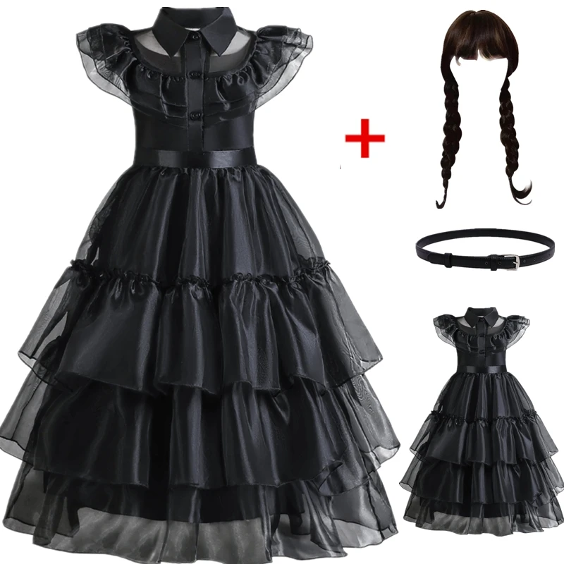 

Movie Black Wednesday Dress Girl Cosplay Carnival Black Gothic Dresses Kids Children Dress Halloween Party Wednesday Costumes
