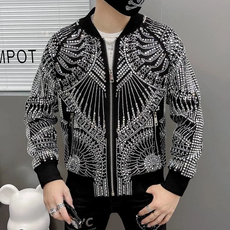 

European Luxury Brand Retro Jacket Men Jaqueta Bomber Diamond Men Jacket Coat Fashion Rhinestones Punk Club Outfit Slim Jacket