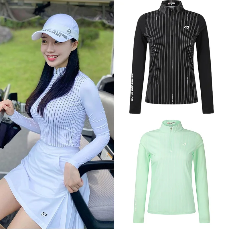 

Master bunny Golf ladies striped printed stand collar spliced with sunscreen ice silk cuffs all fashion long sleeves