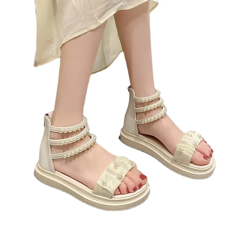 2023 Summer Women's Sandals New Round Head Zipper Flat Bottom Fashion Sweet Style Pearl Open Toe Versatile Sandals