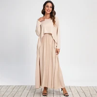 2021 spring new fake two piece solid color elegant high end long skirt long sleeved round neck loose dress womens clothing