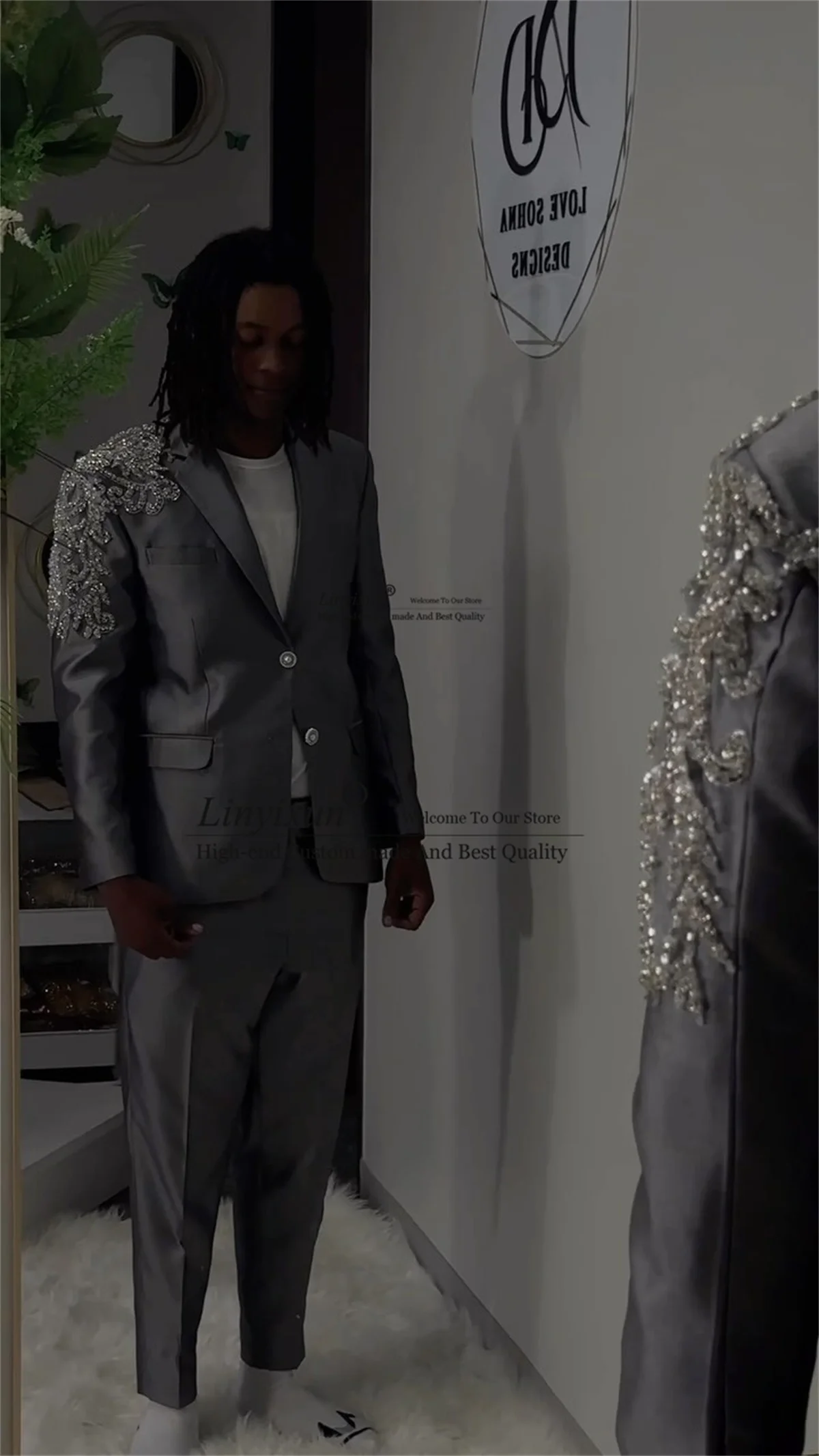 Роскошные мужские костюмы из бисера и кристаллов серые Свадебные смокинги для