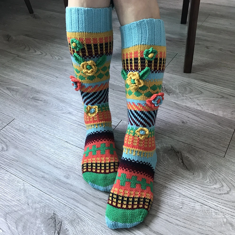 ins style new autumn and winter color long women's socks warm adult color matching crochet wool socks