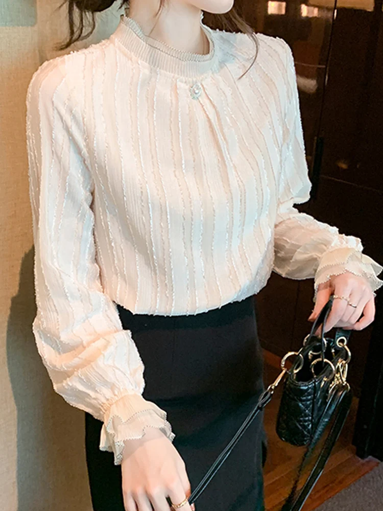 Женская шифоновая блузка с длинным рукавом абрикосовая рубашка-Топ модель F400 на