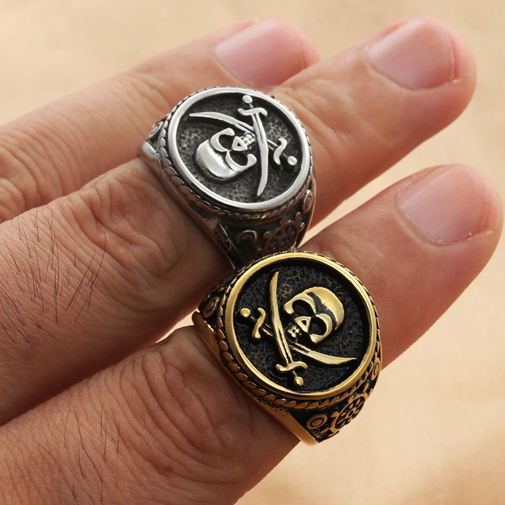 

Vintage Viking Stamp Double Knife Skull Ring Men Gold Silver Color Stainless Steel Compass Ring Fashion Gothic Jewelry Gift