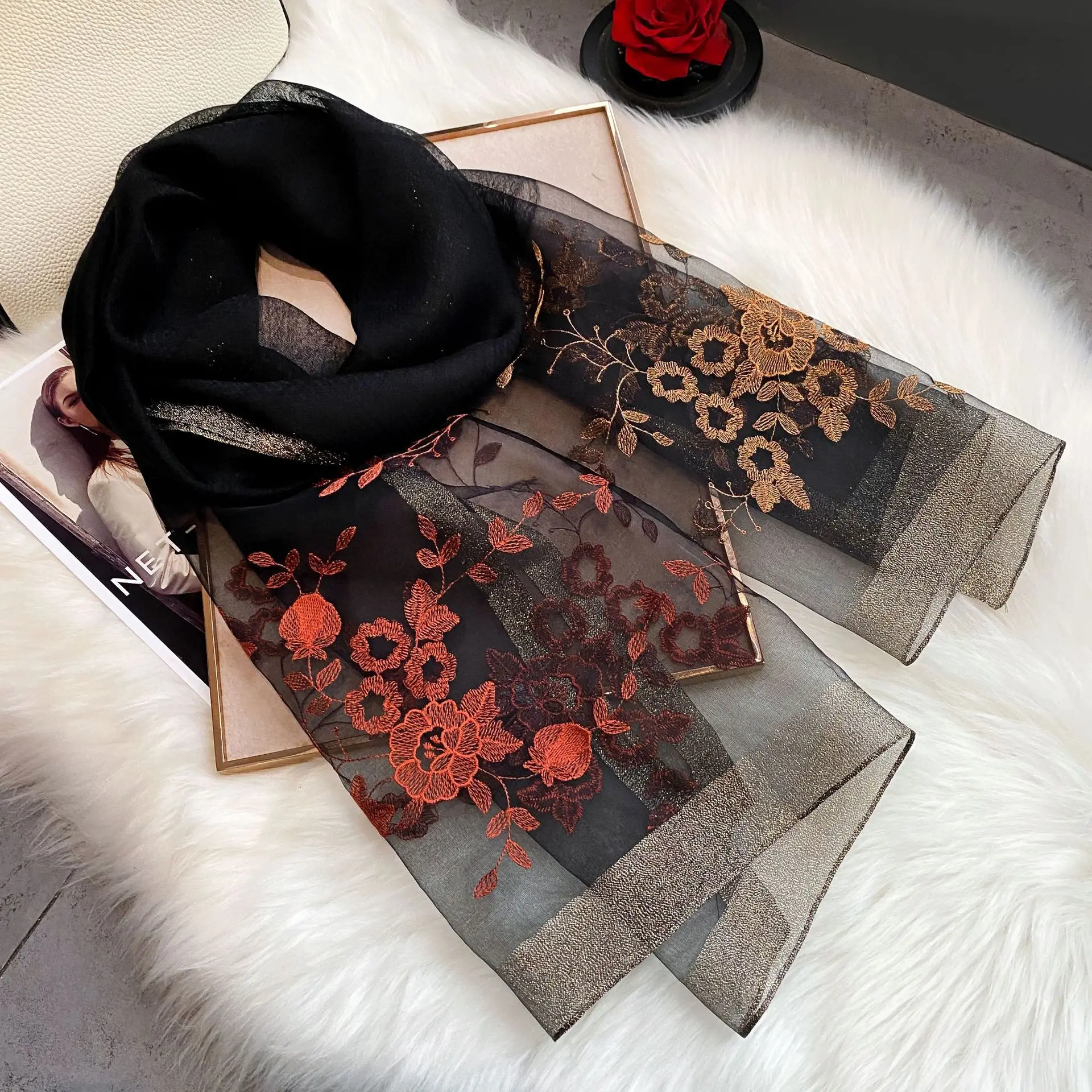 

Beach Stoles Headscarf Women solid Scarf Silk Wool Embroidery Floral Female Foulard Bufanda Hijab Shawls Wraps Pashmina Scarves
